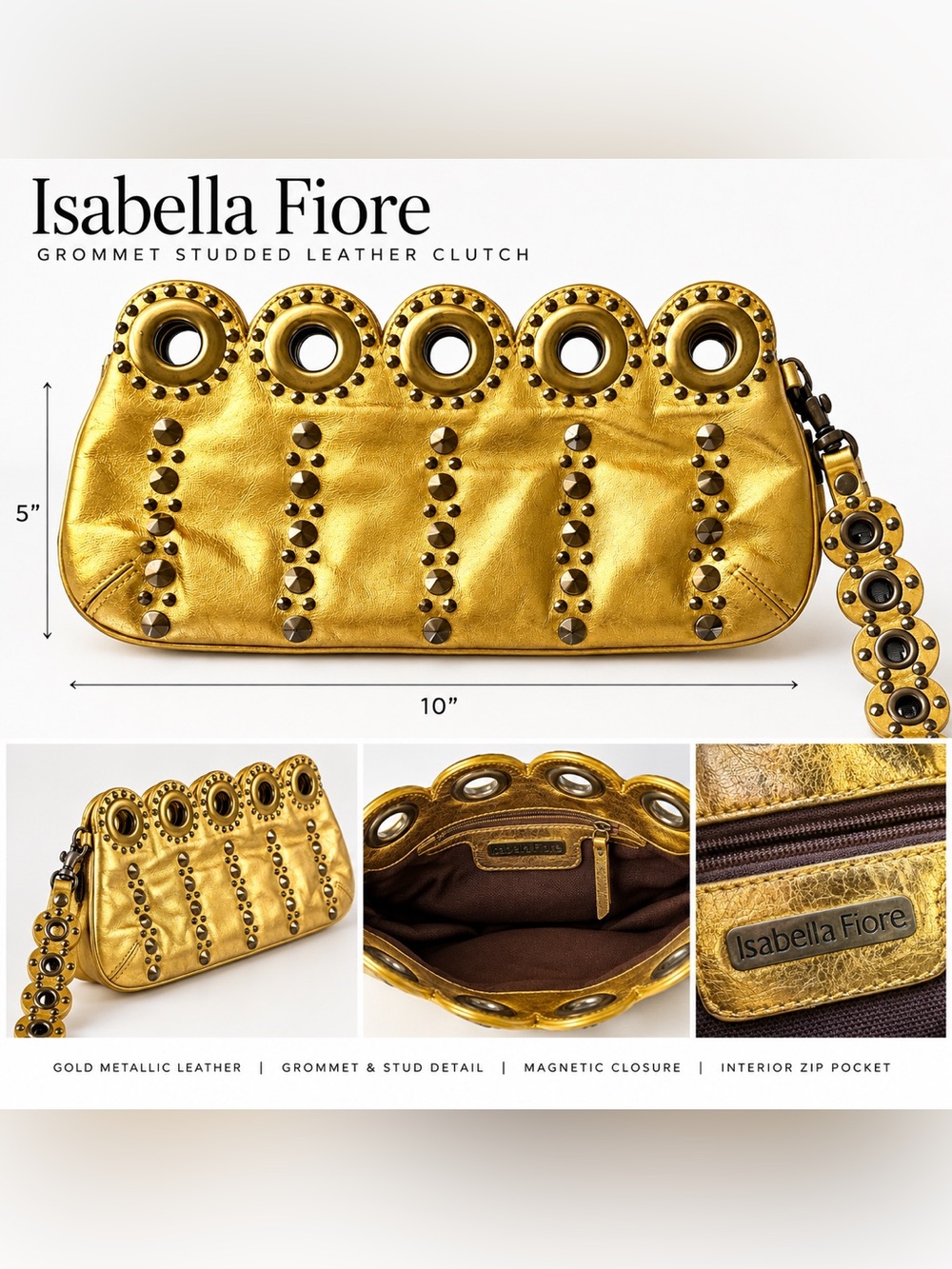 Isabella Fiore Metallic Gold Leather Grommet Studded Clutch Wristlet Handbag